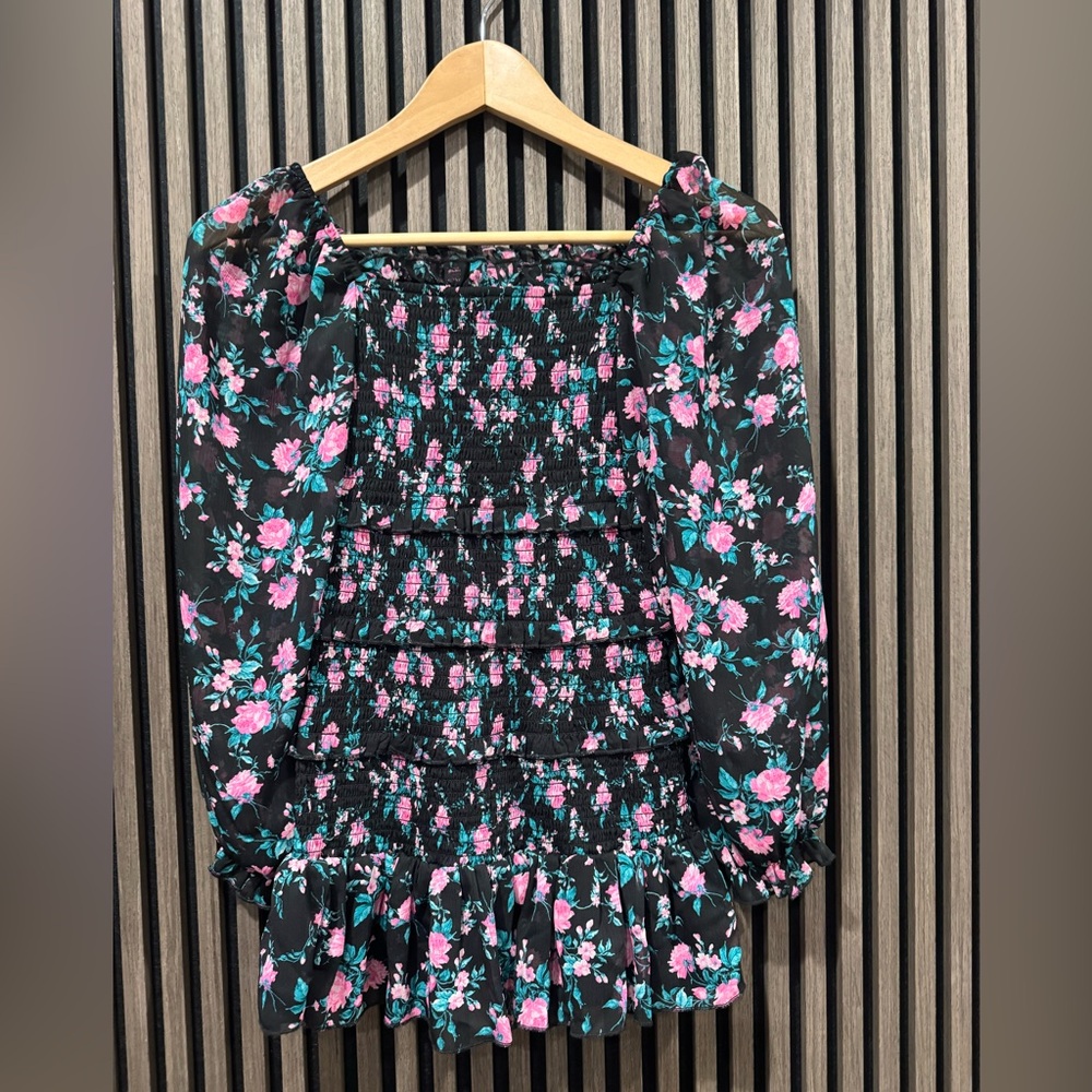 Katie J NYC Black Floral Smocked Long-Sleeve Dress size medium